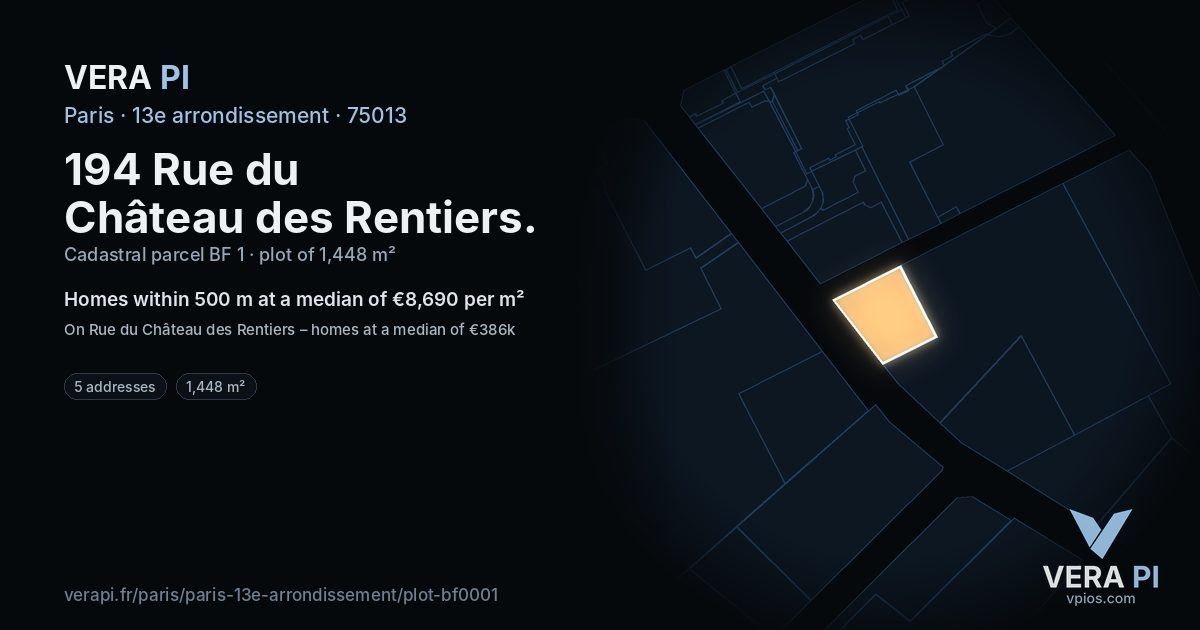 194 Rue du Château des Rentiers, 13e arrondissement at night – the plot lit, the parcels around coloured by the prices near them