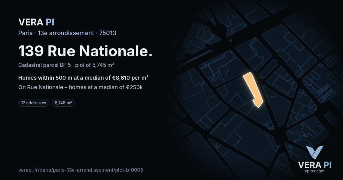 139 Rue Nationale, 13e arrondissement at night – the plot lit, the parcels around coloured by the prices near them