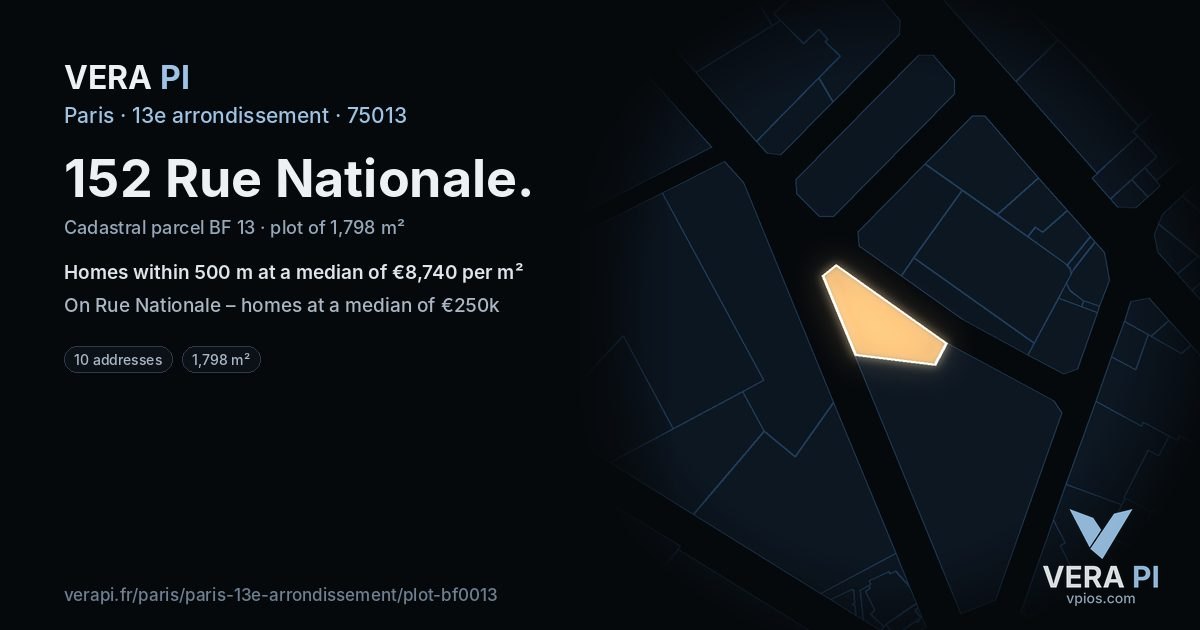 152 Rue Nationale, 13e arrondissement at night – the plot lit, the parcels around coloured by the prices near them