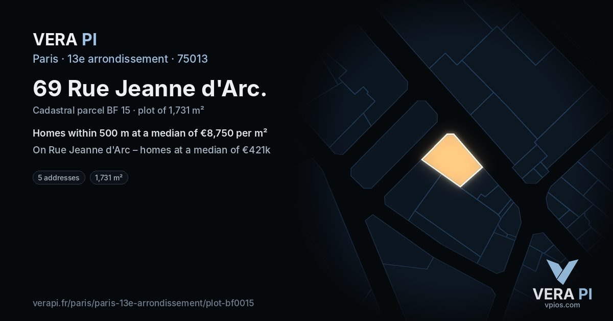 69 Rue Jeanne d'Arc, 13e arrondissement at night – the plot lit, the parcels around coloured by the prices near them