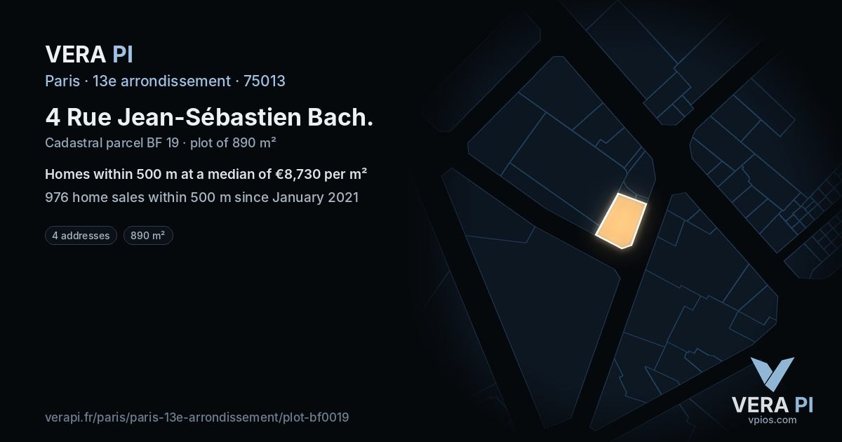 4 Rue Jean-Sébastien Bach, 13e arrondissement at night – the plot lit, the parcels around coloured by the prices near them
