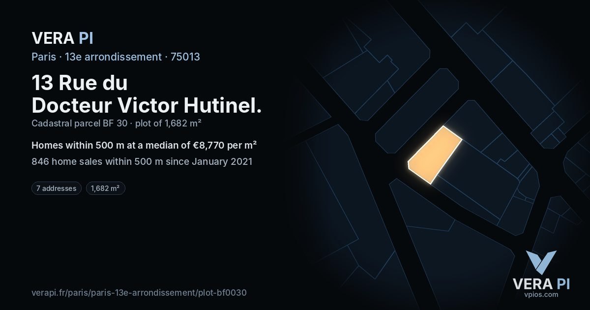 13 Rue du Docteur Victor Hutinel, 13e arrondissement at night – the plot lit, the parcels around coloured by the prices near them