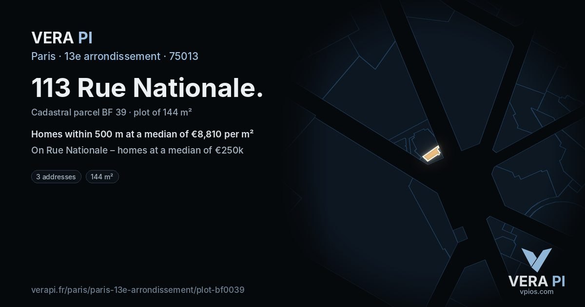 113 Rue Nationale, 13e arrondissement at night – the plot lit, the parcels around coloured by the prices near them