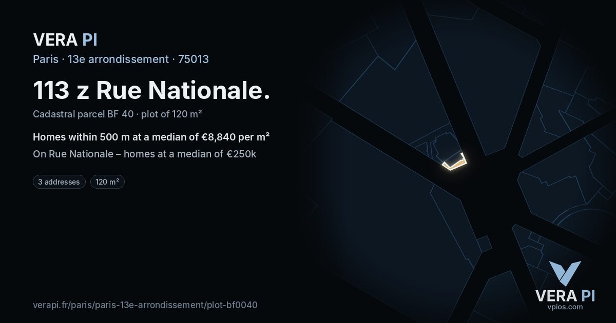 113 z Rue Nationale, 13e arrondissement at night – the plot lit, the parcels around coloured by the prices near them