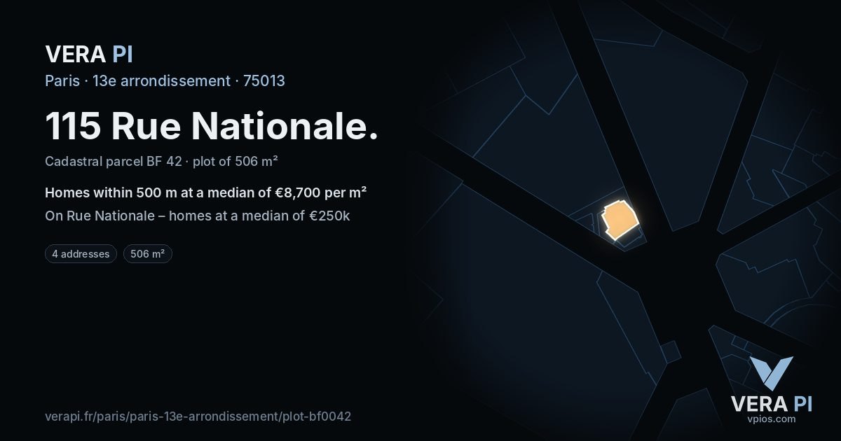 115 Rue Nationale, 13e arrondissement at night – the plot lit, the parcels around coloured by the prices near them