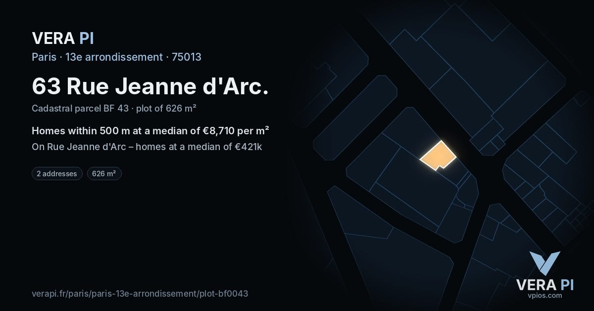 63 Rue Jeanne d'Arc, 13e arrondissement at night – the plot lit, the parcels around coloured by the prices near them