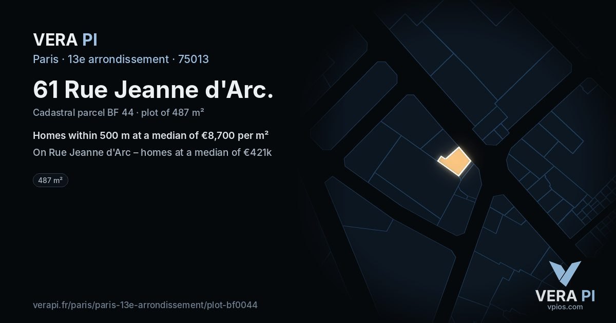 61 Rue Jeanne d'Arc, 13e arrondissement at night – the plot lit, the parcels around coloured by the prices near them
