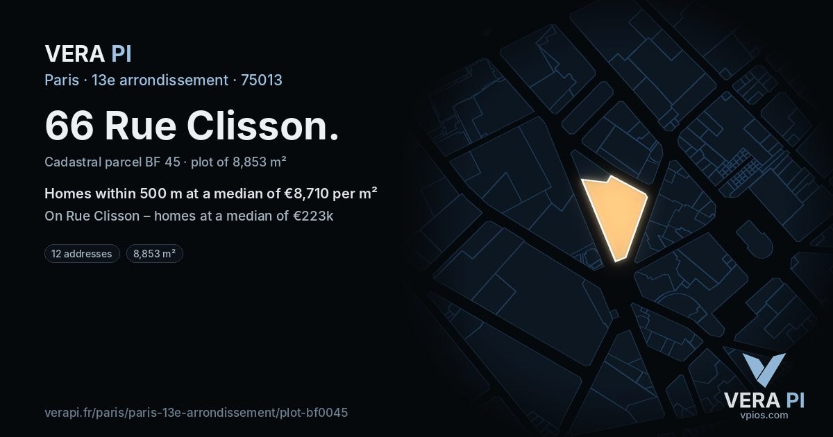 66 Rue Clisson, 13e arrondissement at night – the plot lit, the parcels around coloured by the prices near them