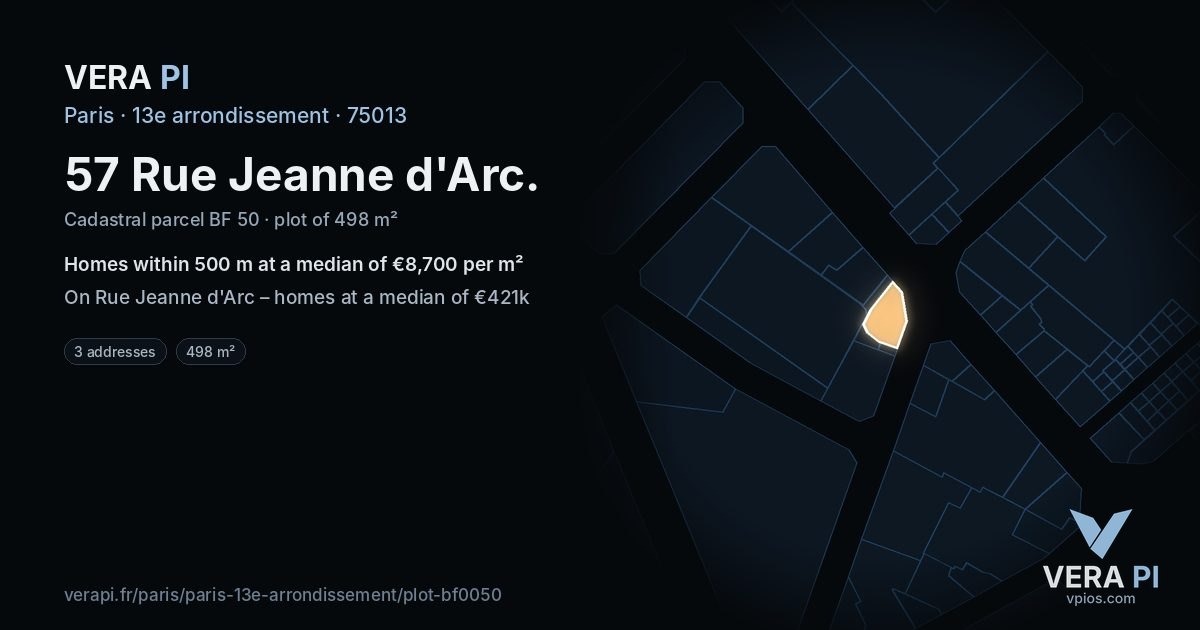 57 Rue Jeanne d'Arc, 13e arrondissement at night – the plot lit, the parcels around coloured by the prices near them