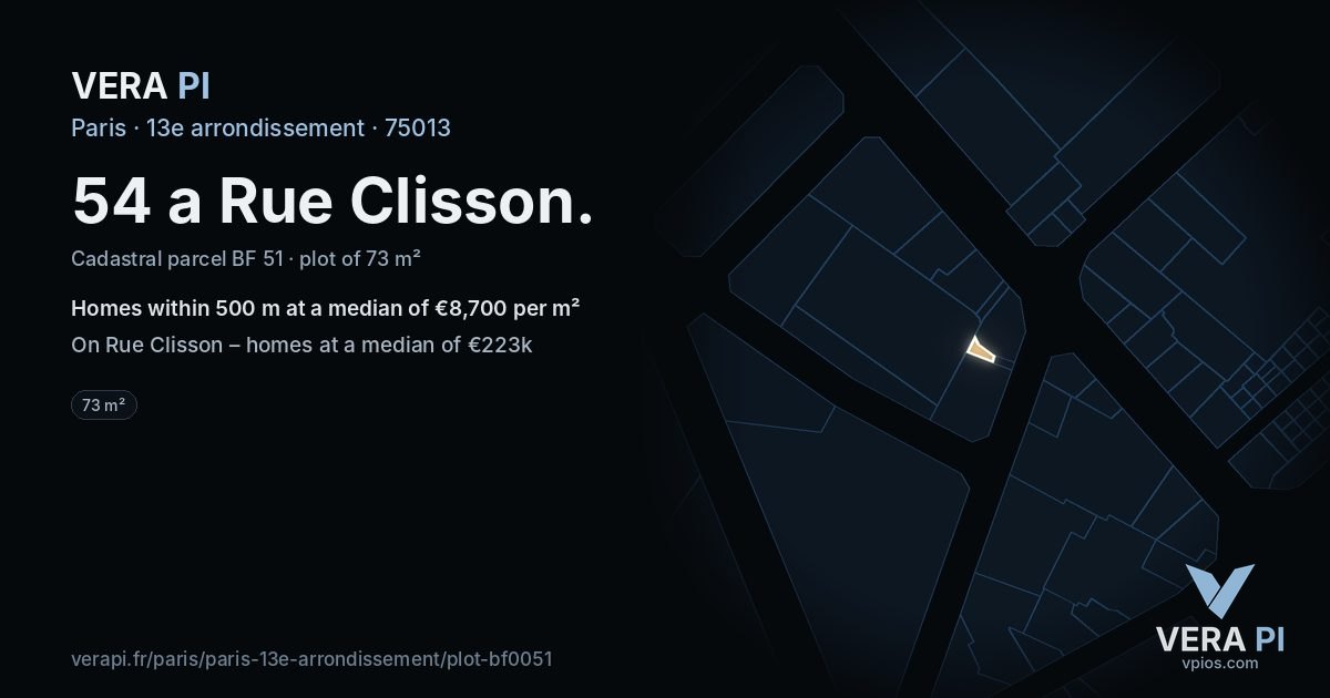 54 a Rue Clisson, 13e arrondissement at night – the plot lit, the parcels around coloured by the prices near them