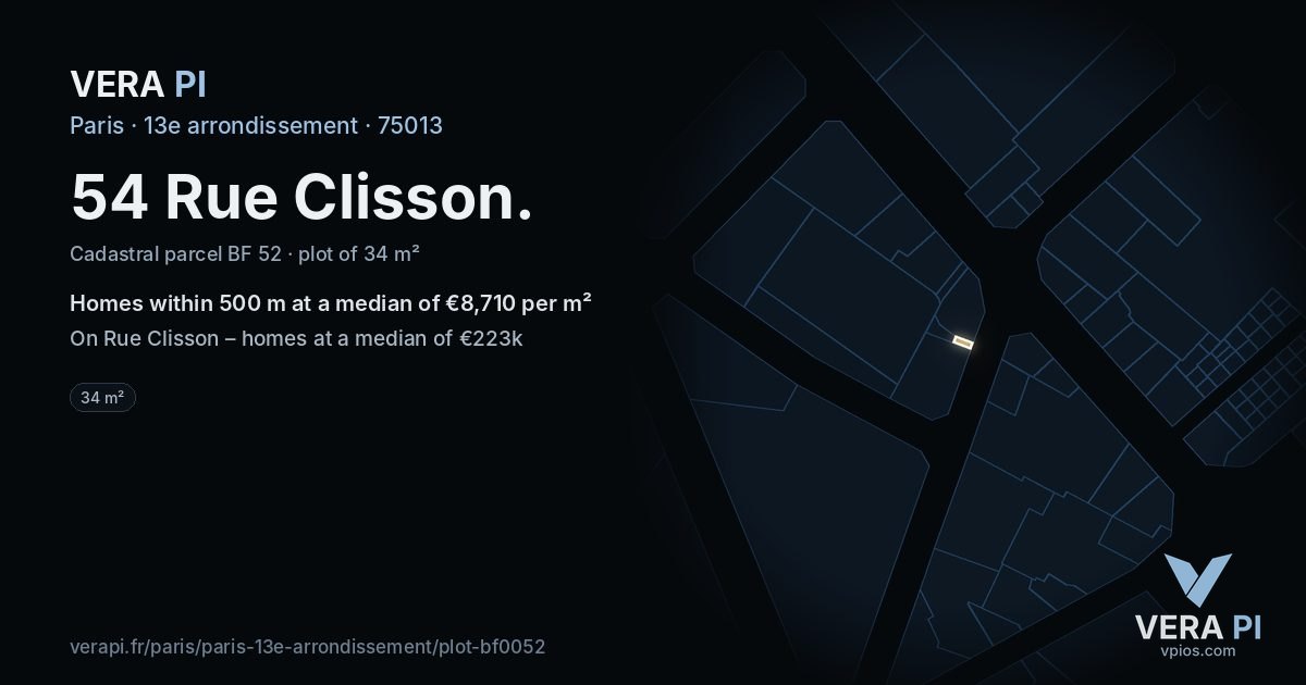 54 Rue Clisson, 13e arrondissement at night – the plot lit, the parcels around coloured by the prices near them