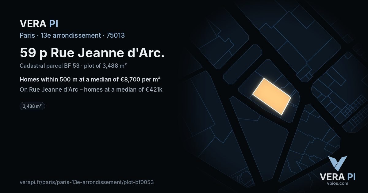 59 p Rue Jeanne d'Arc, 13e arrondissement at night – the plot lit, the parcels around coloured by the prices near them