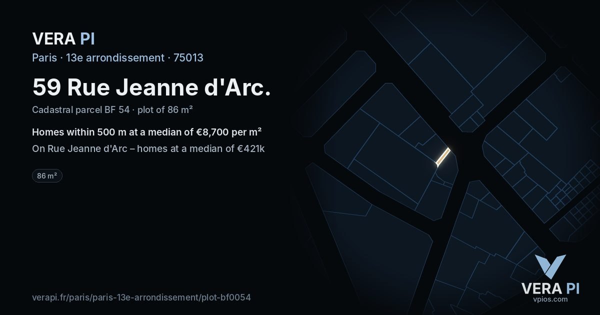 59 Rue Jeanne d'Arc, 13e arrondissement at night – the plot lit, the parcels around coloured by the prices near them