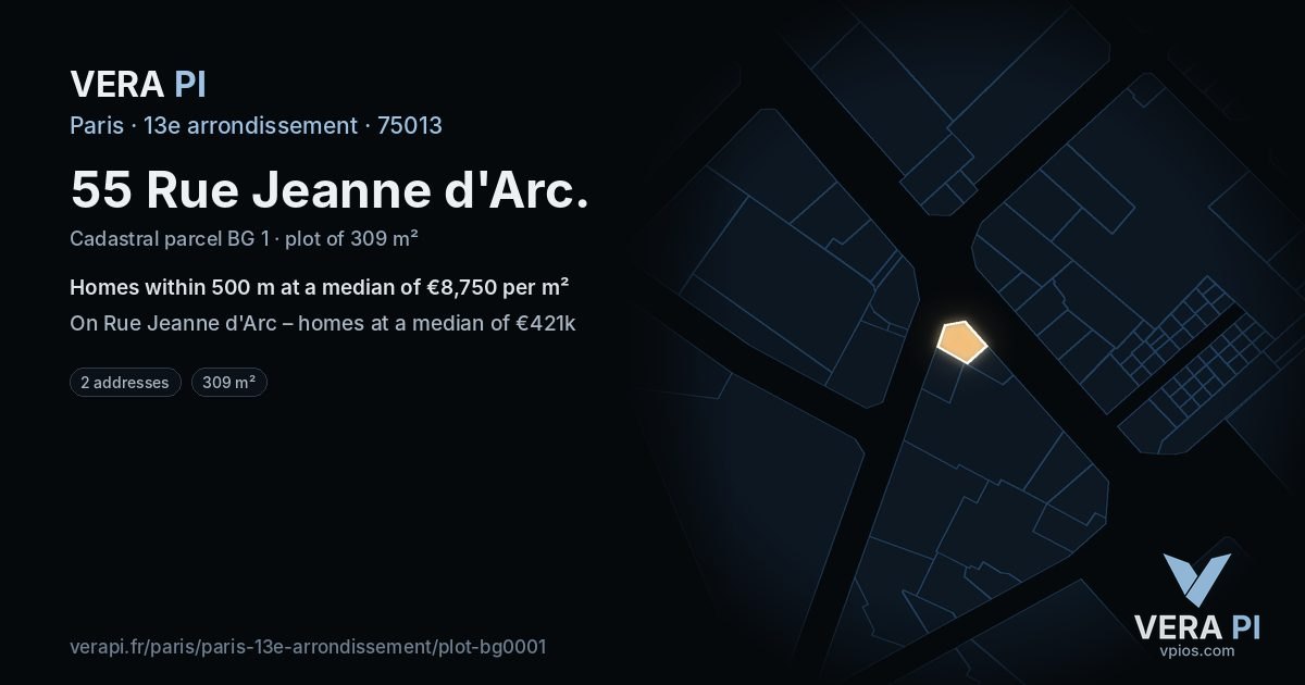 55 Rue Jeanne d'Arc, 13e arrondissement at night – the plot lit, the parcels around coloured by the prices near them