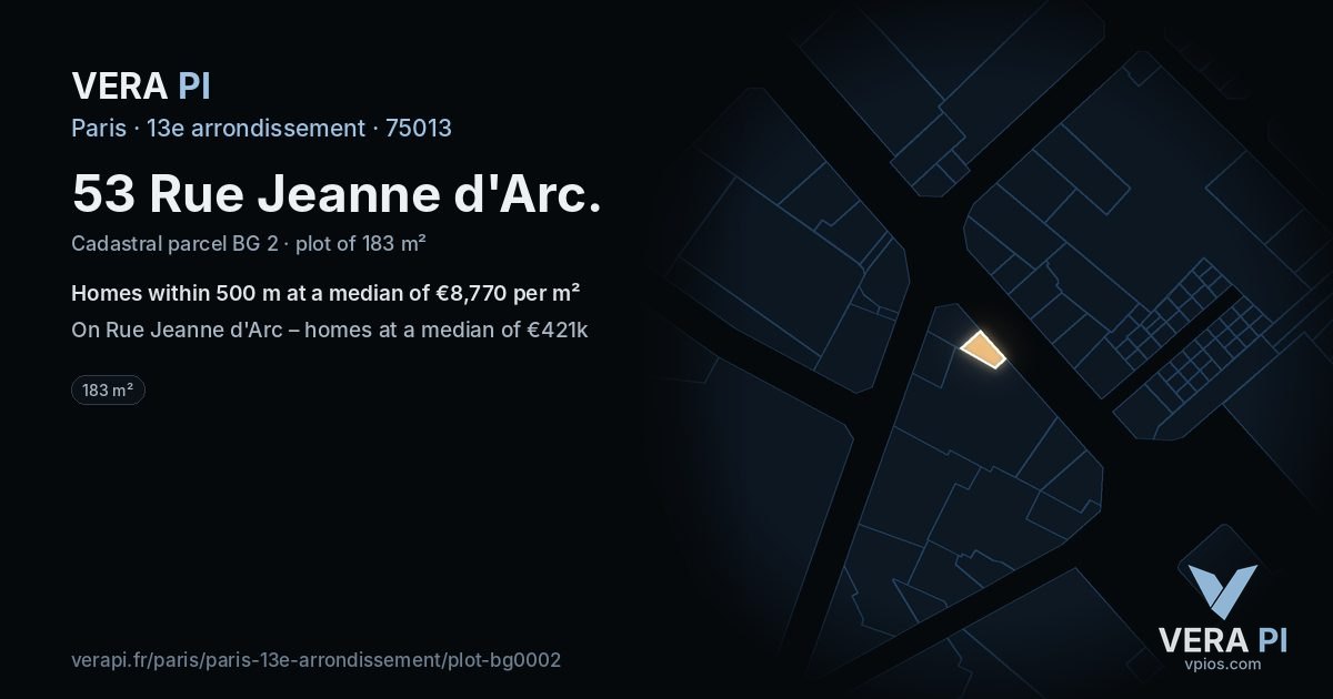 53 Rue Jeanne d'Arc, 13e arrondissement at night – the plot lit, the parcels around coloured by the prices near them