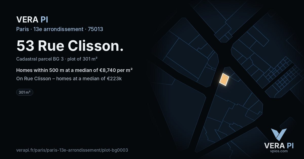 53 Rue Clisson, 13e arrondissement at night – the plot lit, the parcels around coloured by the prices near them