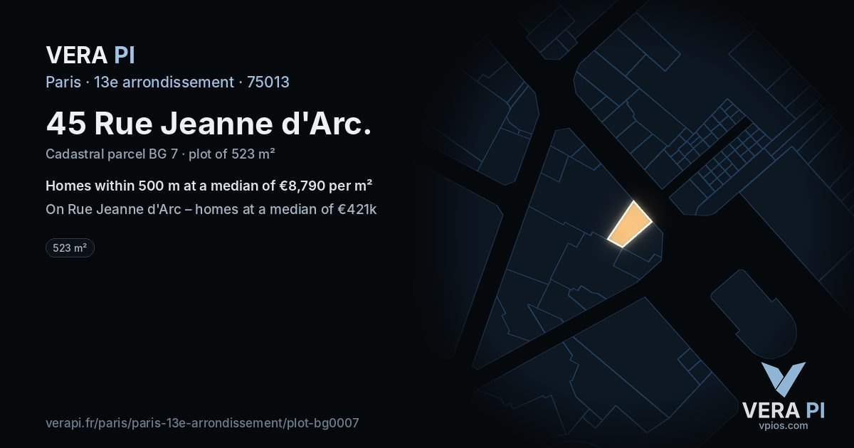 45 Rue Jeanne d'Arc, 13e arrondissement at night – the plot lit, the parcels around coloured by the prices near them