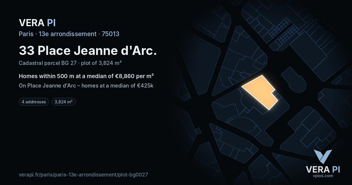 33 Place Jeanne d'Arc, 13e arrondissement at night – the plot lit, the parcels around coloured by the prices near them