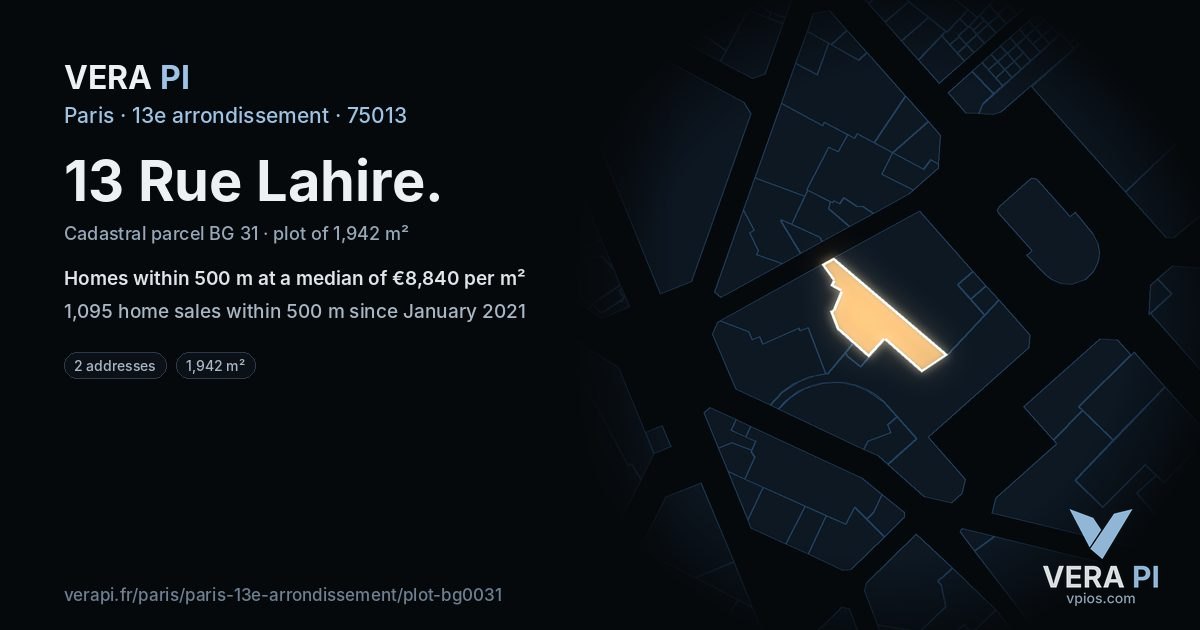 13 Rue Lahire, 13e arrondissement at night – the plot lit, the parcels around coloured by the prices near them