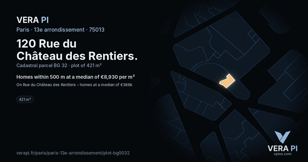 120 Rue du Château des Rentiers, 13e arrondissement at night – the plot lit, the parcels around coloured by the prices near them