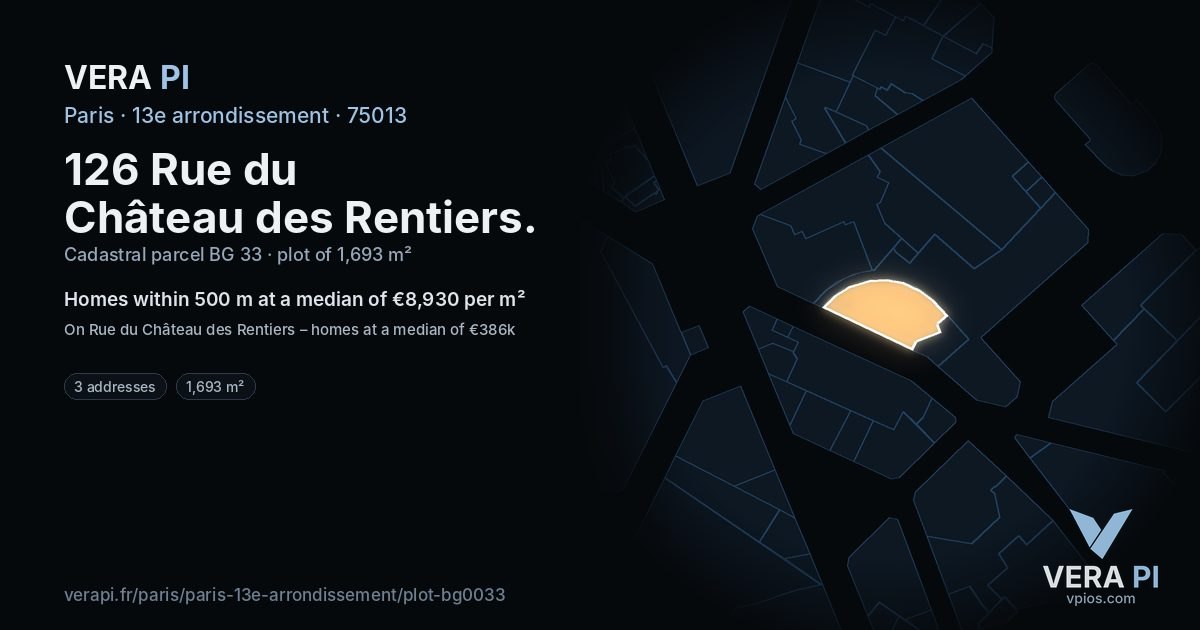 126 Rue du Château des Rentiers, 13e arrondissement at night – the plot lit, the parcels around coloured by the prices near them