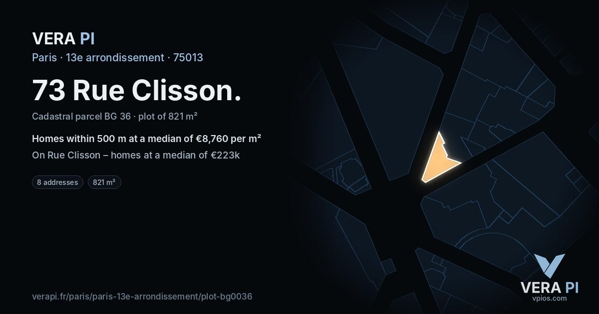 73 Rue Clisson, 13e arrondissement at night – the plot lit, the parcels around coloured by the prices near them