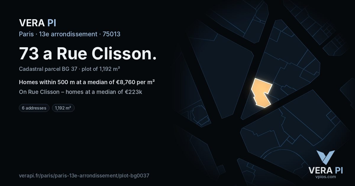 73 a Rue Clisson, 13e arrondissement at night – the plot lit, the parcels around coloured by the prices near them