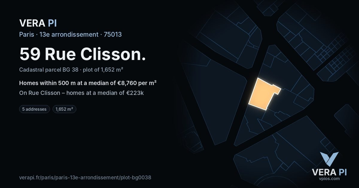 59 Rue Clisson, 13e arrondissement at night – the plot lit, the parcels around coloured by the prices near them
