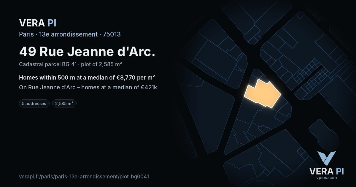49 Rue Jeanne d'Arc, 13e arrondissement at night – the plot lit, the parcels around coloured by the prices near them