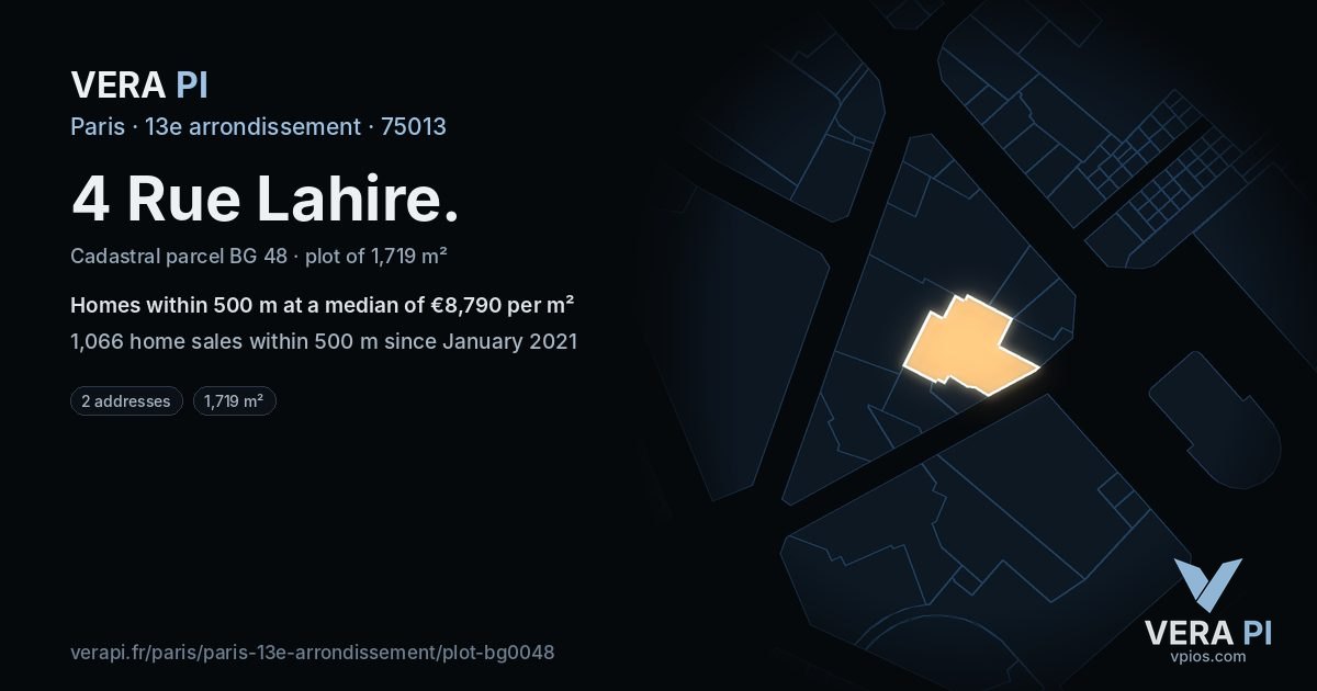 4 Rue Lahire, 13e arrondissement at night – the plot lit, the parcels around coloured by the prices near them