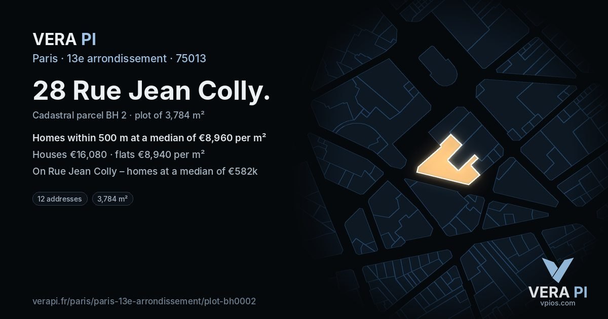 28 Rue Jean Colly, 13e arrondissement at night – the plot lit, the parcels around coloured by the prices near them