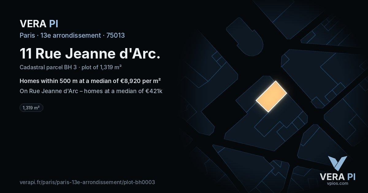 11 Rue Jeanne d'Arc, 13e arrondissement at night – the plot lit, the parcels around coloured by the prices near them