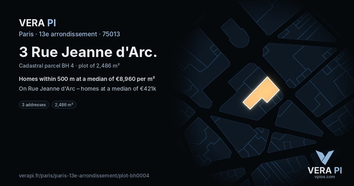 3 Rue Jeanne d'Arc, 13e arrondissement at night – the plot lit, the parcels around coloured by the prices near them
