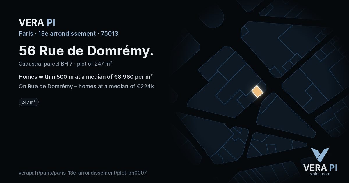 56 Rue de Domrémy, 13e arrondissement at night – the plot lit, the parcels around coloured by the prices near them