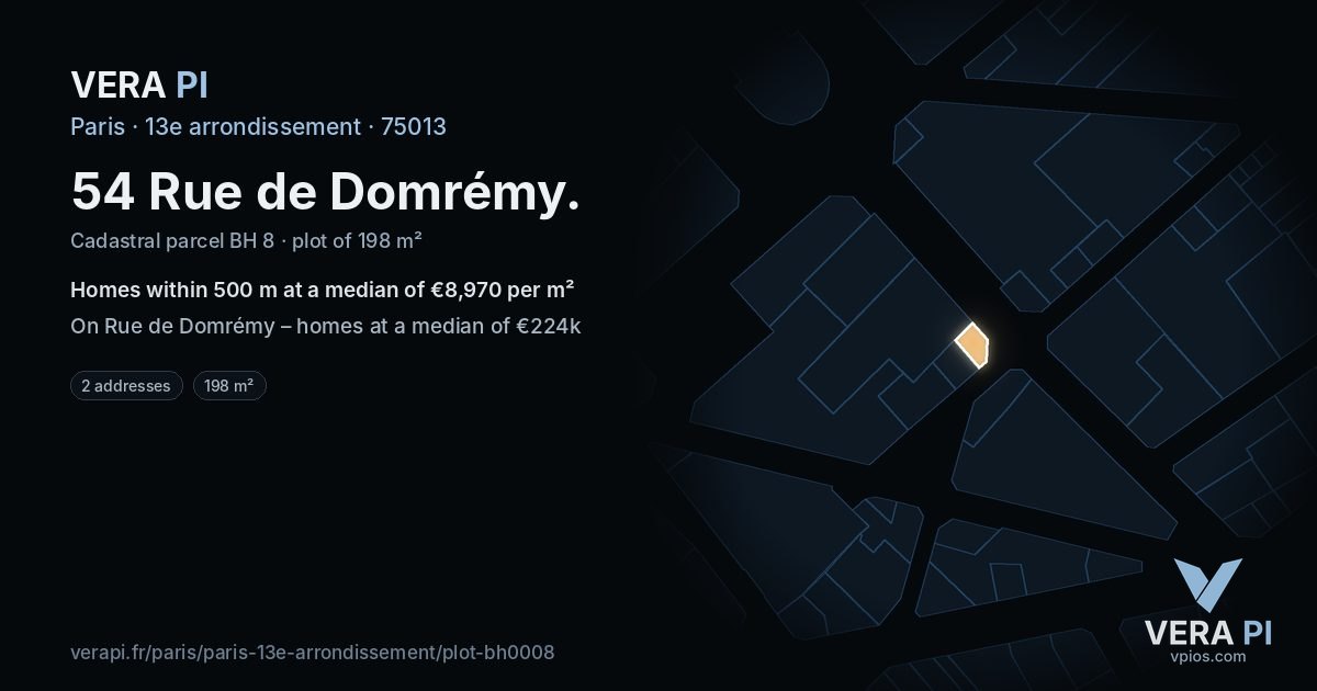 54 Rue de Domrémy, 13e arrondissement at night – the plot lit, the parcels around coloured by the prices near them