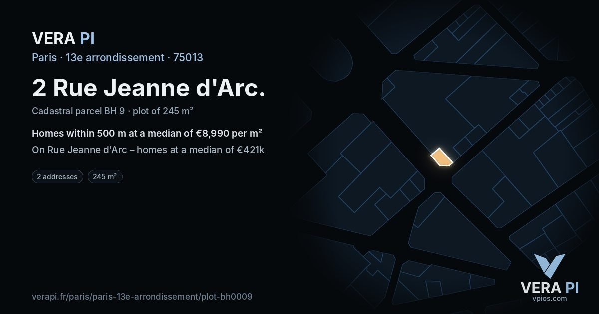 2 Rue Jeanne d'Arc, 13e arrondissement at night – the plot lit, the parcels around coloured by the prices near them