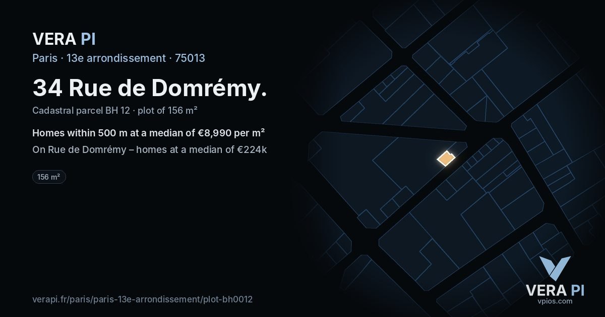 34 Rue de Domrémy, 13e arrondissement at night – the plot lit, the parcels around coloured by the prices near them
