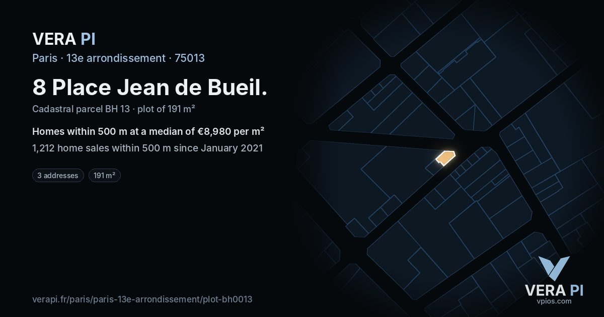 8 Place Jean de Bueil, 13e arrondissement at night – the plot lit, the parcels around coloured by the prices near them