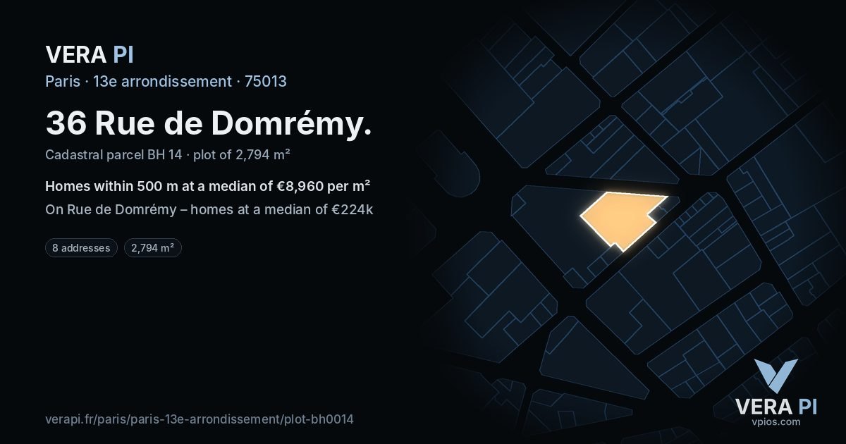 36 Rue de Domrémy, 13e arrondissement at night – the plot lit, the parcels around coloured by the prices near them
