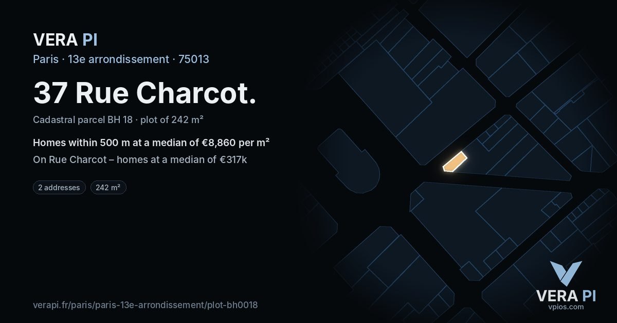 37 Rue Charcot, 13e arrondissement at night – the plot lit, the parcels around coloured by the prices near them