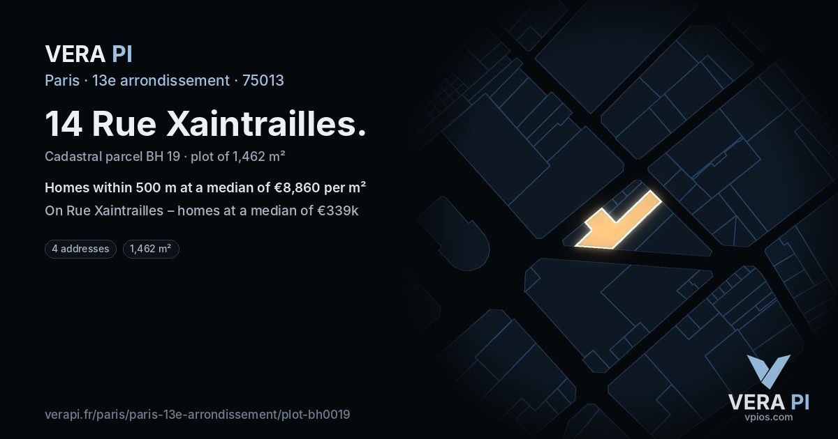 14 Rue Xaintrailles, 13e arrondissement at night – the plot lit, the parcels around coloured by the prices near them