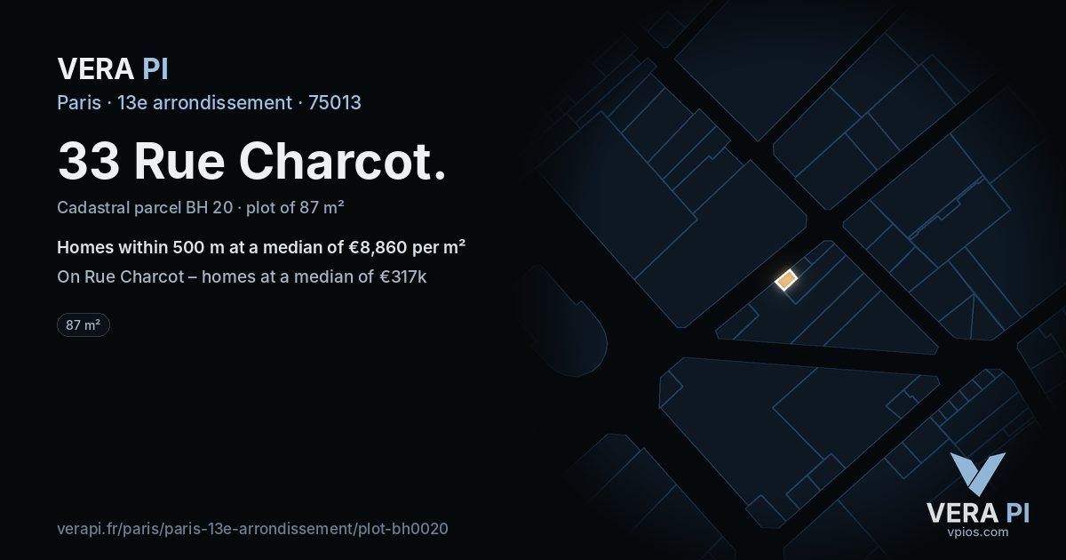 33 Rue Charcot, 13e arrondissement at night – the plot lit, the parcels around coloured by the prices near them