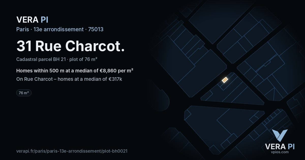 31 Rue Charcot, 13e arrondissement at night – the plot lit, the parcels around coloured by the prices near them