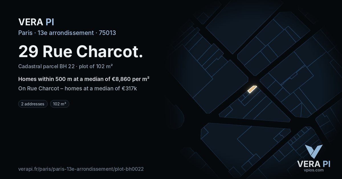 29 Rue Charcot, 13e arrondissement at night – the plot lit, the parcels around coloured by the prices near them