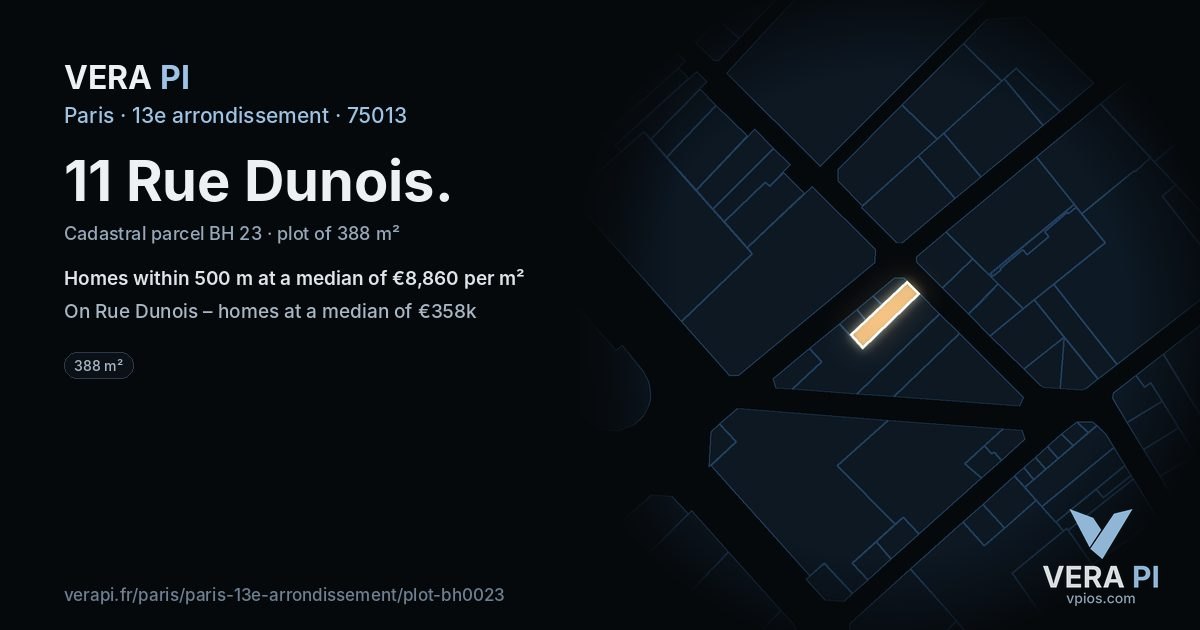 11 Rue Dunois, 13e arrondissement at night – the plot lit, the parcels around coloured by the prices near them