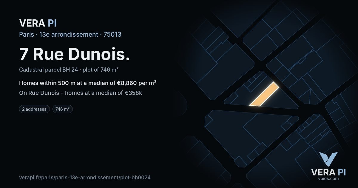 7 Rue Dunois, 13e arrondissement at night – the plot lit, the parcels around coloured by the prices near them