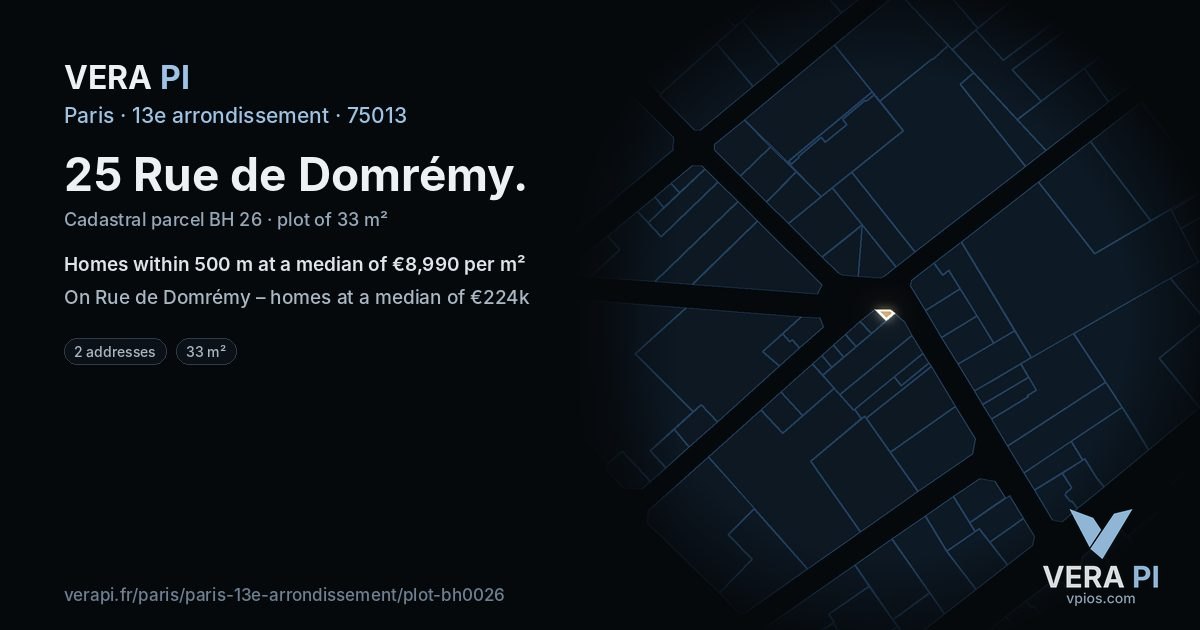 25 Rue de Domrémy, 13e arrondissement at night – the plot lit, the parcels around coloured by the prices near them