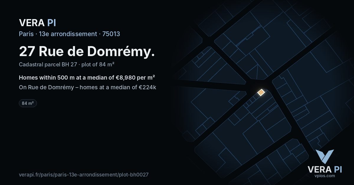 27 Rue de Domrémy, 13e arrondissement at night – the plot lit, the parcels around coloured by the prices near them