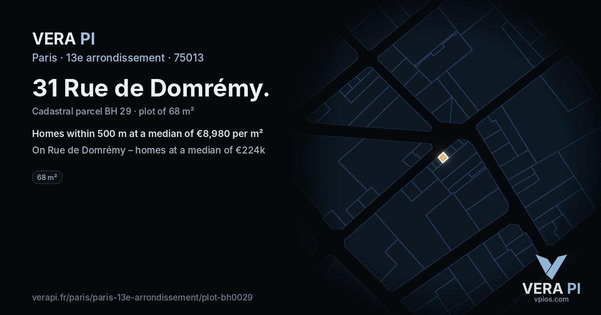 31 Rue de Domrémy, 13e arrondissement at night – the plot lit, the parcels around coloured by the prices near them