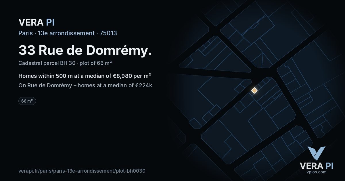 33 Rue de Domrémy, 13e arrondissement at night – the plot lit, the parcels around coloured by the prices near them